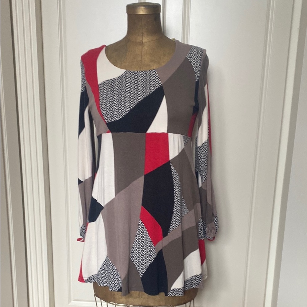 Vibrant Red and Blue Boxy Long Sleeve Tunic Dress